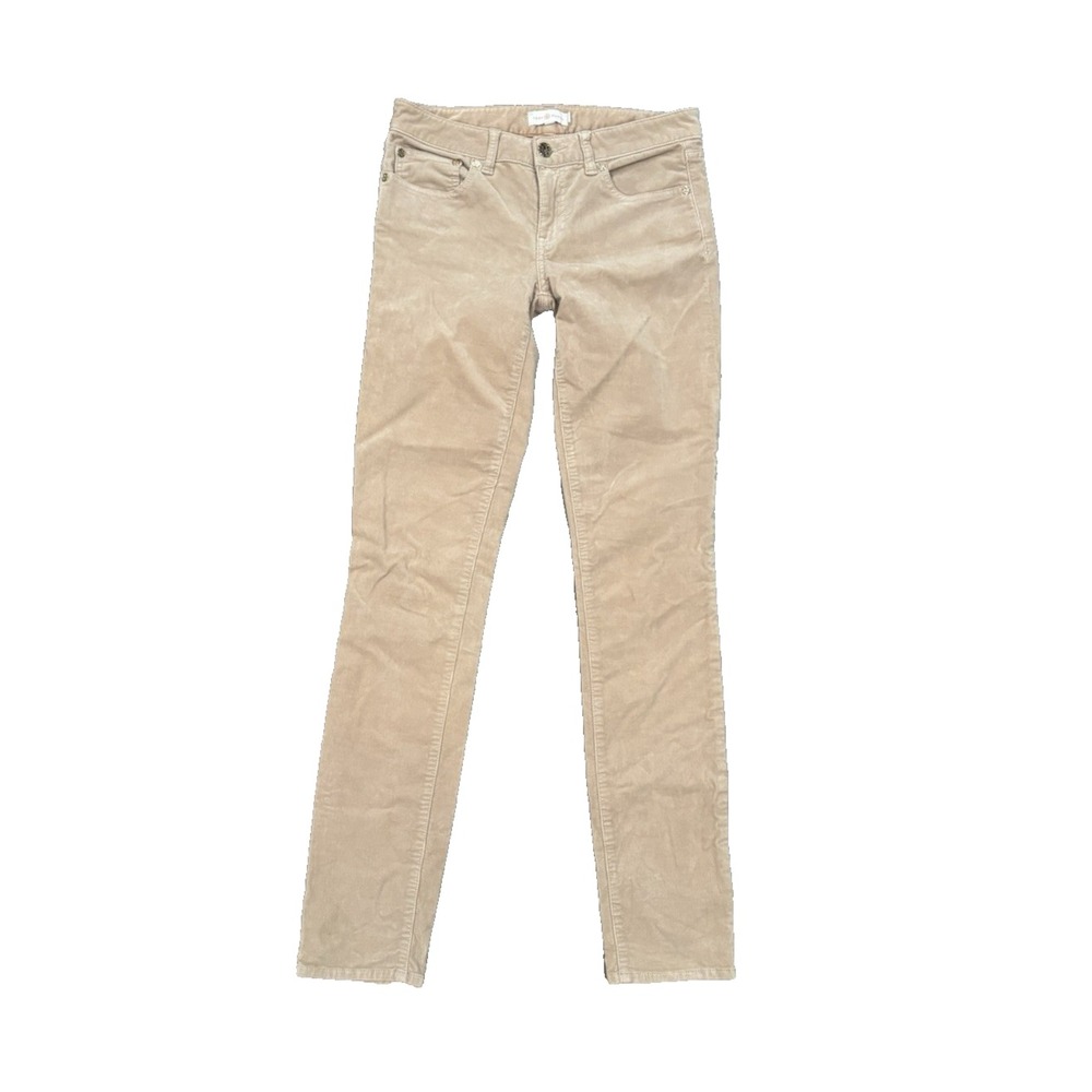 Tory Burch Womens Skinny Corduroy Pants 26 Beige Tan Gold Logo Button 5 Pocket